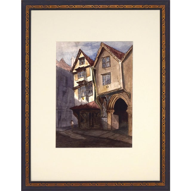 Beige Antique English Watercolor Painting of Tudor House Cityscape Late 19th Century For Sale - Image 8 of 8