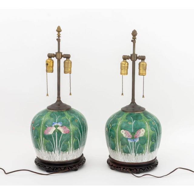 Pair of Chinese Cabbage Leaf Motif Famille Rose Porcelain Jars Mounted as Table Lamps For Sale In New York - Image 6 of 9