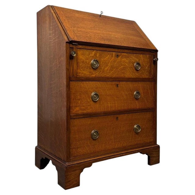 Wood Antique Early 20th Century English Edwardian Golden Oak Bureau For Sale - Image 7 of 14