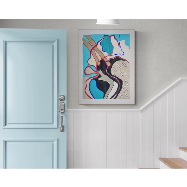 Evoking a topographical map, this painting features free flowing shapes and lines in light blue, red and touch of violet...