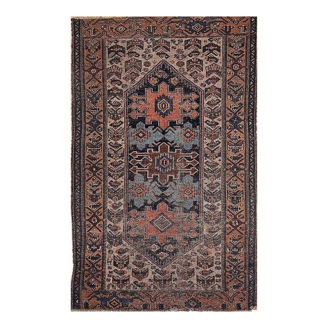 19th Century Persian Malayer Rug, Handwoven Geometric Pattern, Turquoise & Ivory, 4’ X 6’ For Sale