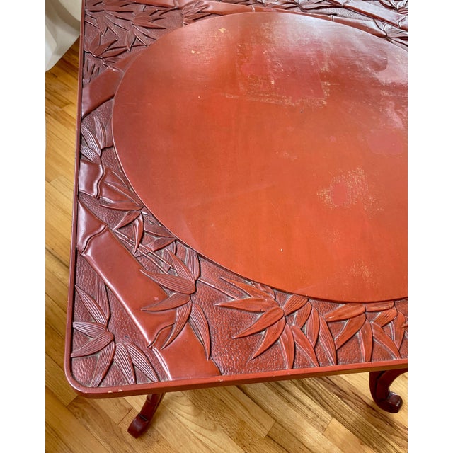 1900s Chinoiserie Style Lacquer Hand Carved Two Tier Table With Bamboo and Lotus Motifs in the Style of Liberty - For Sale - Image 10 of 11
