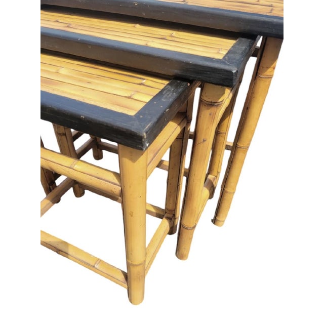 Traditional Vintage Real Bamboo Black Trim Regency Style Nesting Tables Set of 3 For Sale - Image 3 of 5