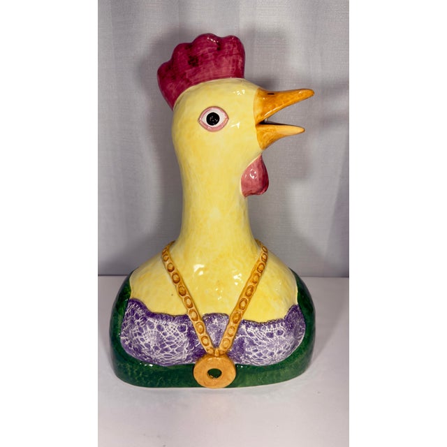 Late 20th Century Late 20th Century Hand-Painted Italian Majolica Anthropomorphic Rooster and Hen Busts by Turtle and Crane - Palm Beach Regency Whimsy For Sale - Image 5 of 12
