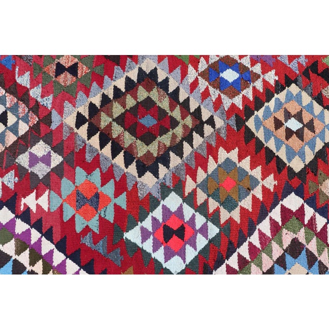 Tribal Hand Woven Vintage Qashqai Persian Kilim Rug With Bold Geometric Diamonds in Red, Blue, and Multicolor 9'1 X 16' For Sale - Image 3 of 12