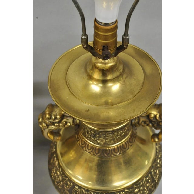 Metal Vintage Brass Chinese Jardinière Elephant Handle Oriental Table Lamps - A Pair For Sale - Image 7 of 12