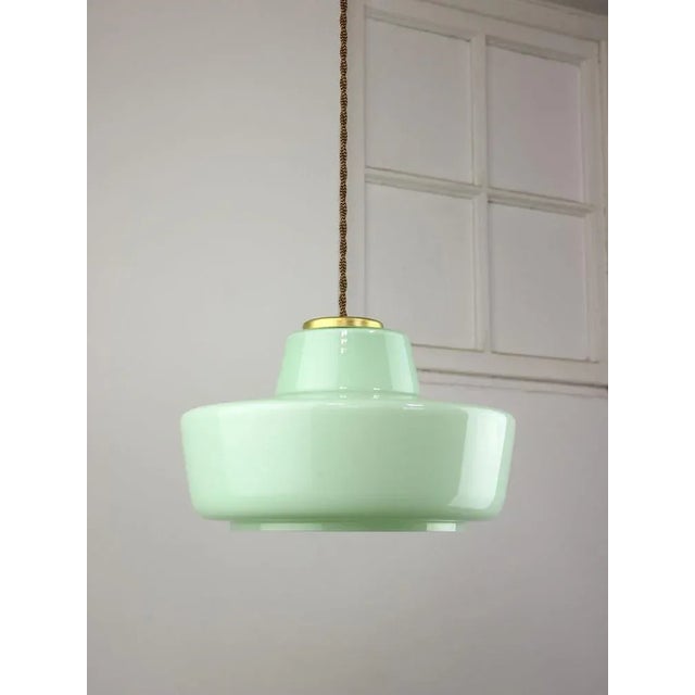 Aqua Mid-Century Italian Green Glass and Brass Pendant Lamp For Sale - Image 8 of 11