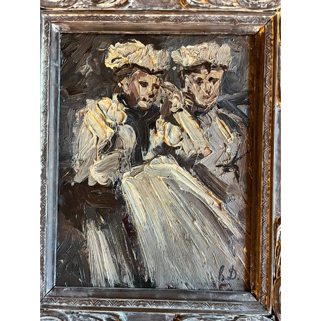 19th Century Antique 19th Century Continental Impressionist Oil Painting Portrait of Two Women in White Dresses For Sale - Image 5 of 12