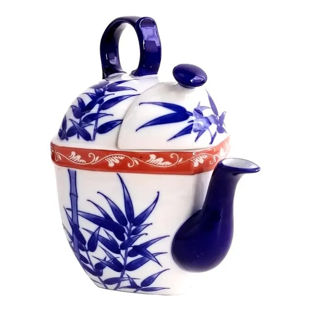 1990s Bombay Company Chinese Teapot Cobalt Blue & White Bamboo Design For Sale - Image 12 of 12
