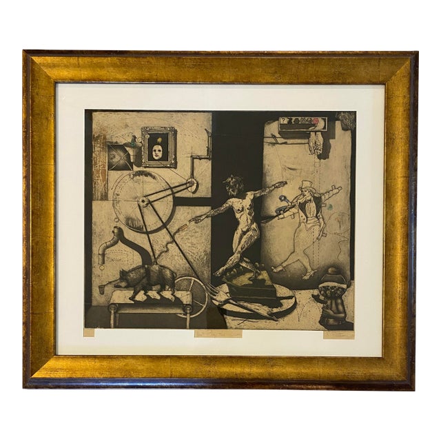 Original Surrealist Signed Lithograph “Just Play the Game” Figural Fantasy Composition For Sale