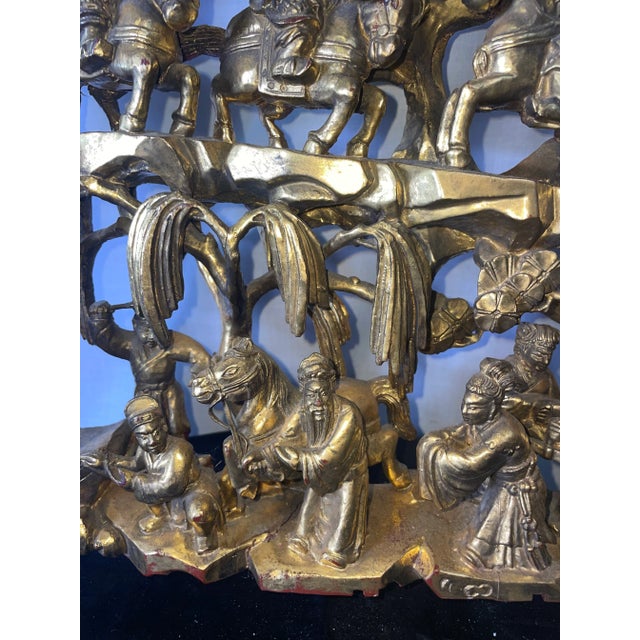Antique Chinese Carved Deep Relief Gilt Wood Warriors Scenes Panel For Sale - Image 12 of 12
