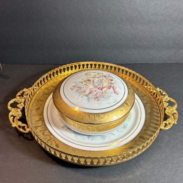 Hollywood Regency Vintage Limoges Porcelain Hand Painted Dresser Box and Tray ~ Cherubs Ornate Gold & Bronze Edges For Sale - Image 3 of 12