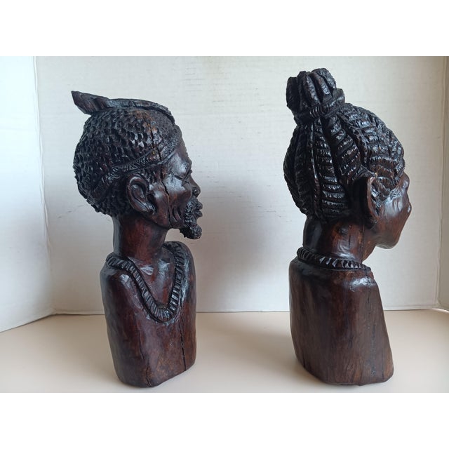 Early 20th Century Early 20th Century Exquisite Pair of Iron Wood Carved Shona Male and Female Bust For Sale - Image 5 of 7