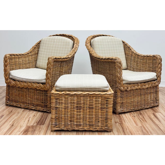 Vintage braided wicker rattan arm chairs with square ottoman in the style of Wicker Works. Beautiful wicker braiding...