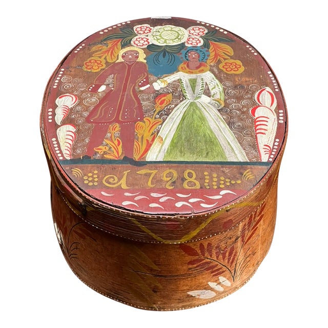 Antique Swedish Polychrome Painted Marriage Box Dated 1798 For Sale