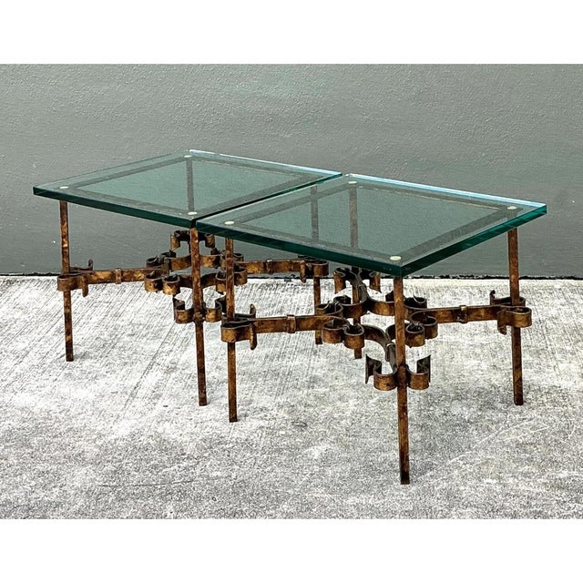 Mid-Century Modern Vintage Brutalist Glass and Metal Side Tables - Pair For Sale - Image 3 of 12