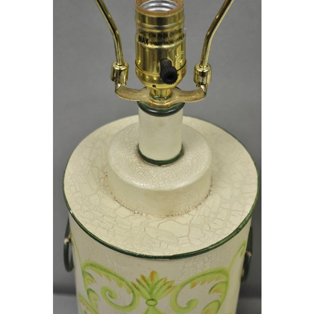 Late 20th Century French Country Cream & Green Distressed Tole Metal Cylinder Table Lamps - A Pair For Sale - Image 11 of 14