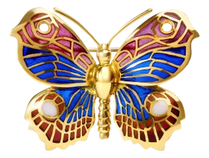 18K Yellow Gold Red, Blue, and White Enameled Butterfly Brooch Pin