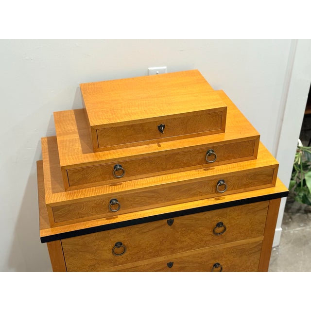1980s Vintage Biedermeier Style Chest by Baker - Burl Ash + Maple - High Boy Dresser For Sale - Image 5 of 11