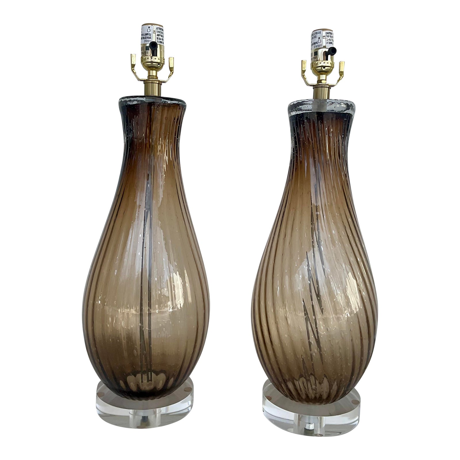 Modern Spiral Ribbed Smoked Glass Table Lamps Pair | Chairish