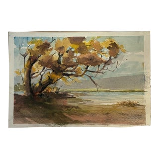 Vintage Original Double-Sided Landscape Watercolor Painting For Sale