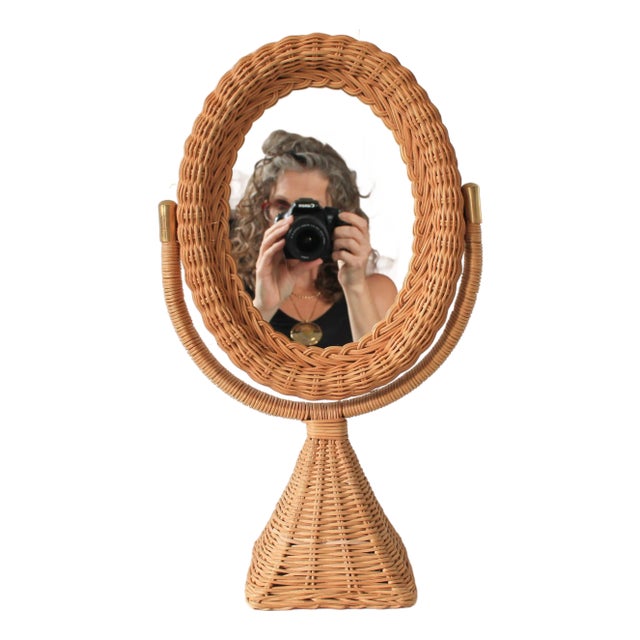 Vintage Wicker Rattan Oval Vanity Mirror For Sale
