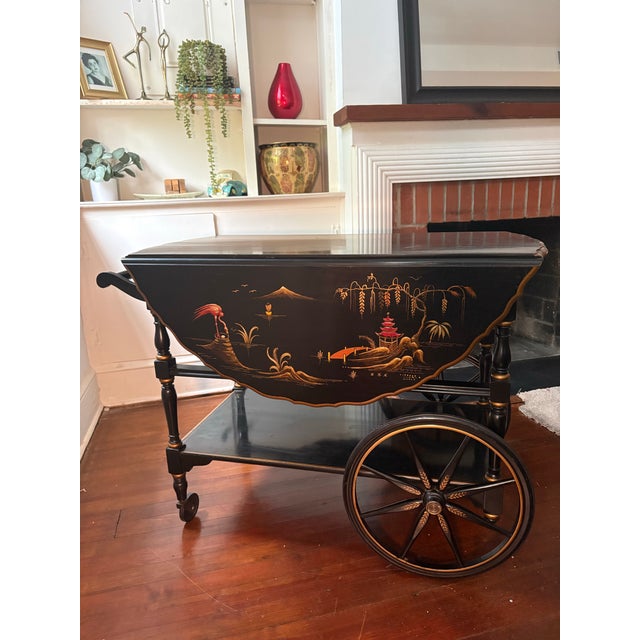 Chinoiserie Vintage Imperial Furniture Grand Rapids Chinoiserie Bar Cart | C. 1940s | Black Lacquer, Raised Gold Chinoiserie, Drop Leaf For Sale - Image 3 of 12