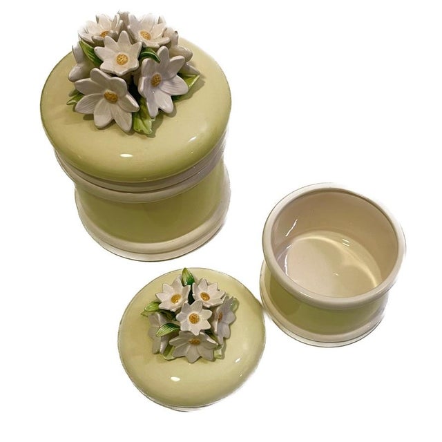 Vintage Japanese Capodimonte Style Celadon Floral Canisters - Pair For Sale - Image 4 of 10