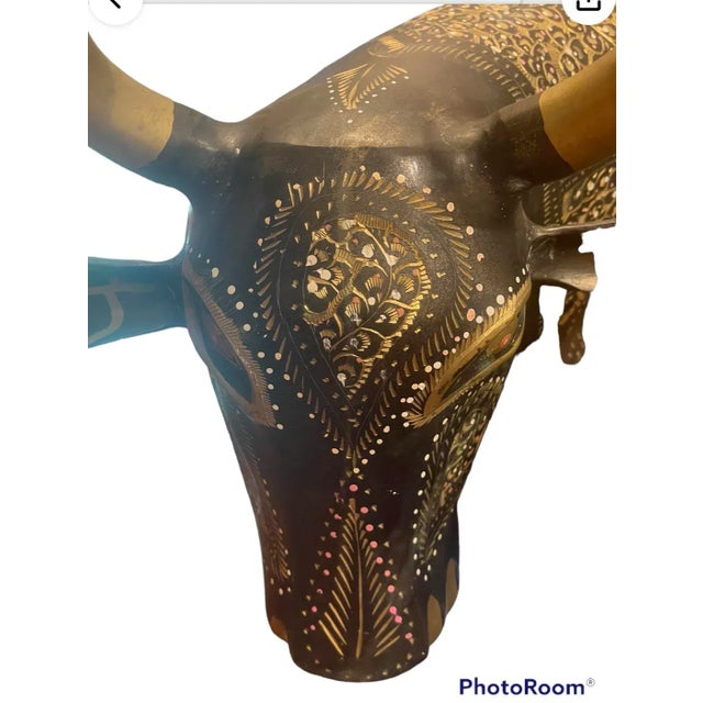 Unique, beautifully hand-crafted Brass Bull Sculpture, with gorgeous gold and black hand carving, a rare detailed folk...