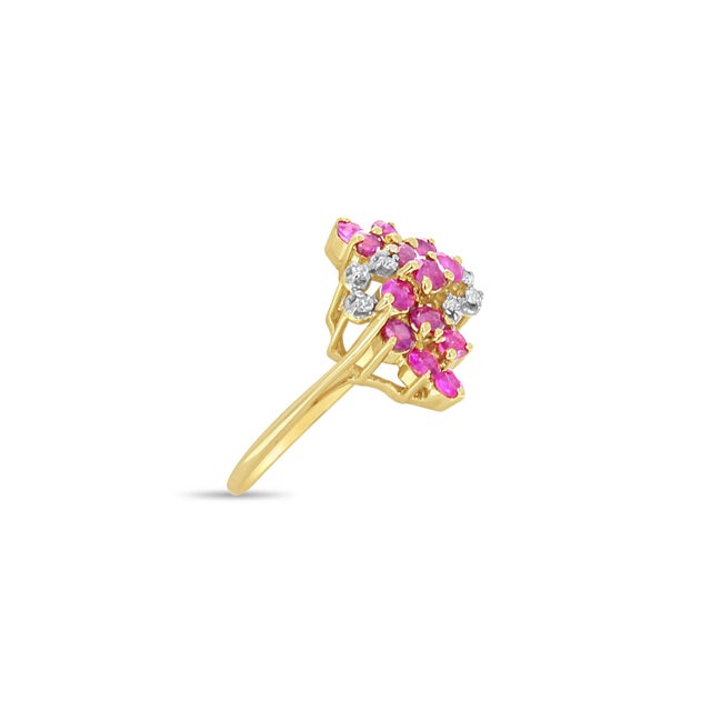Diamond Ruby Cluster Cocktail Ring 14k Yellow Gold, Size 6 For Sale - Image 4 of 4