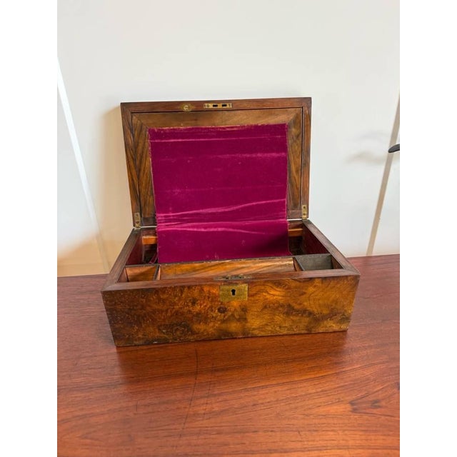 Early 20th Century Antique Victorian Style Burr Walnut Brass Writing Box For Sale In Washington DC - Image 6 of 16