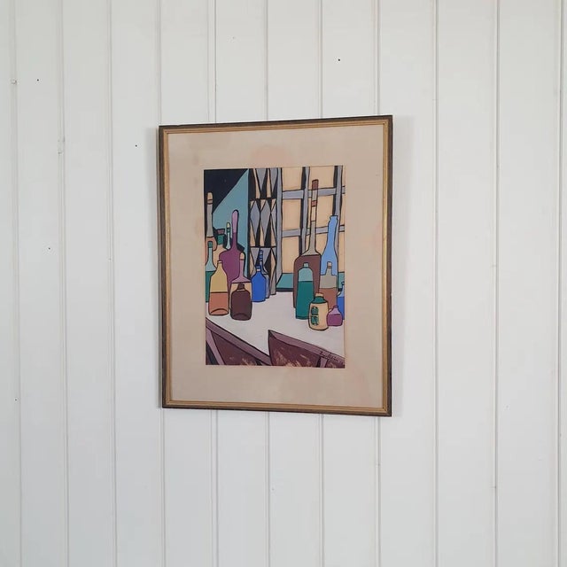 An original swedish mid-century modern painting on paper, framed behind glass, by inger åström, dated 1959, featuring a...