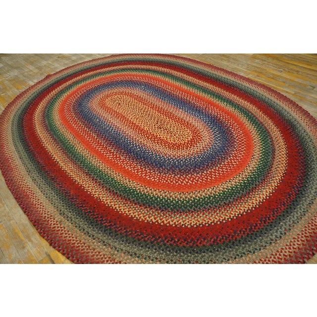 Early 20th Century Oval American Braided Rug ( 6'10" x 9'2" - 208 x 280 cm ) Antique Wool Braided 1930s Multicolor Jewel...