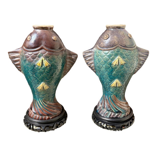 Antique Chinese Sancai Glazed Koi Fish Vase Pair Tang Style 1930 Art Nouveau For Sale