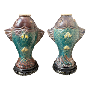 Antique Chinese Sancai Glazed Koi Fish Vase Pair Tang Style 1930 Art Nouveau