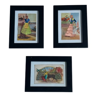 Antique Spanish Embroidered Postcards Framed - Set of 3 For Sale