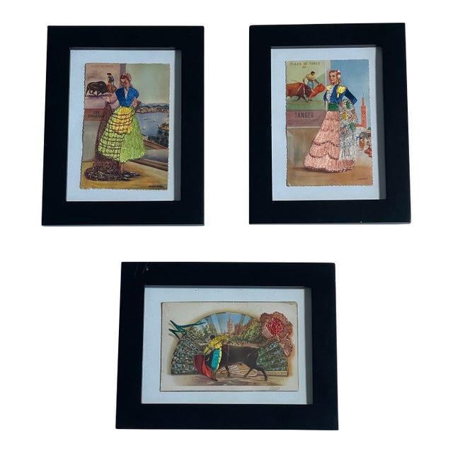 Antique Spanish Embroidered Postcards Framed - Set of 3 For Sale