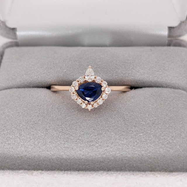 Sapphire Ring with Earth Mined Diamonds in Solid 14K Rose Gold Trillion 6x4.5mm For Sale In Columbus - Image 6 of 7