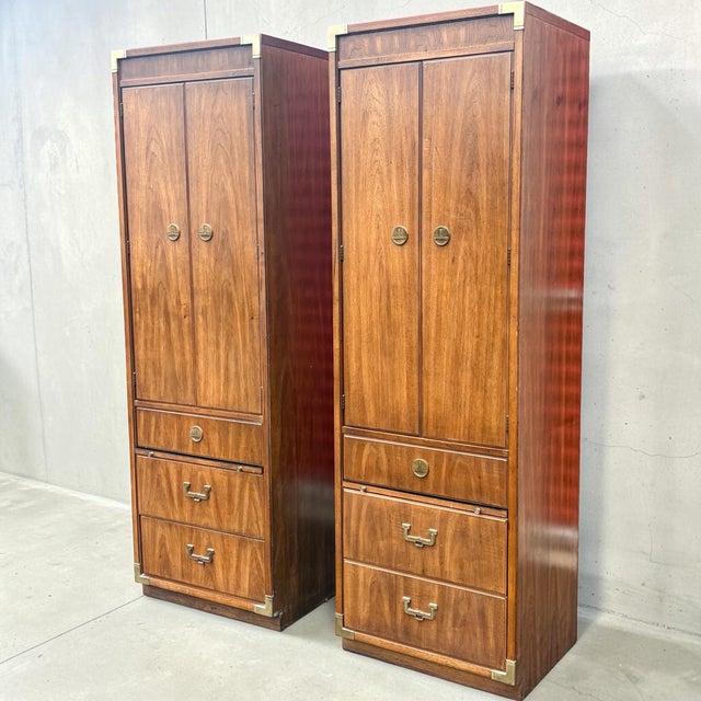 Campaign Pair Vintage Thomasville Campaign Style Tall Cabinets For Sale - Image 3 of 12