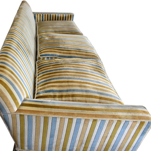 Long MidCentury Velvet Stripe Tuxedo Sofa Couch in Blue, Yellow, Gold and Cream Chairish