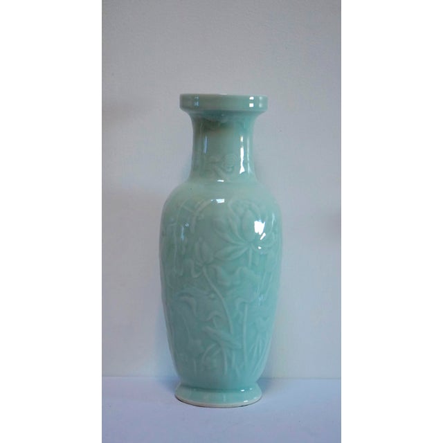 Late 20th Century Celadon Green Baluster Vase With Flowers and Foliage Design For Sale - Image 9 of 10