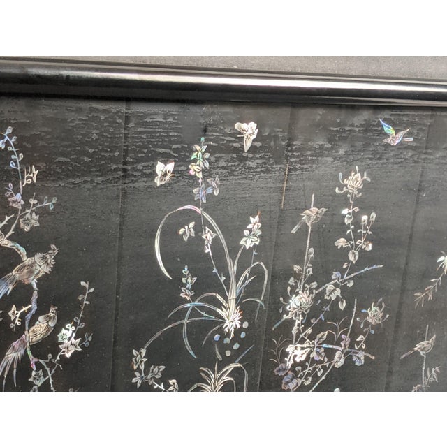 Black Framed Vintage Chinese Six-Panel Lacquer Mother-of-Pearl Four Seasons Screen For Sale - Image 8 of 11