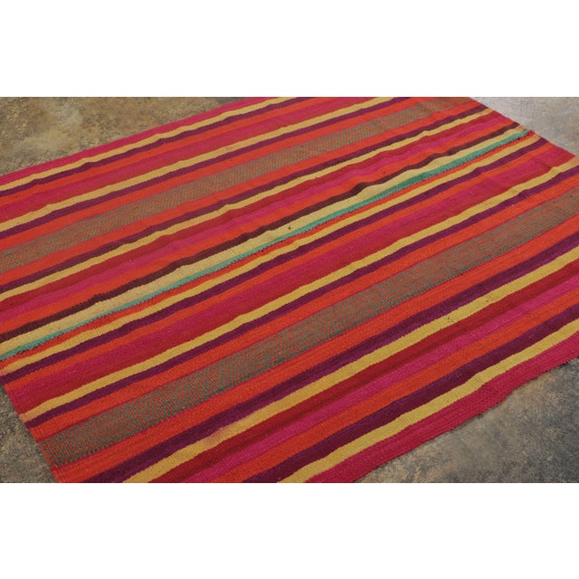 Rug & Kilim Vintage Frazada Kilim in Vibrant Polychrome Striped Pattern - Rug & Kilim For Sale - Image 4 of 7
