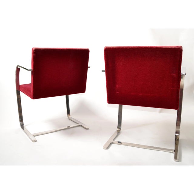 Brick Red Mies Van Der Rohe for Knoll Stainless Steel Brno Chairs Red Velvet 1979, Pair For Sale - Image 8 of 13