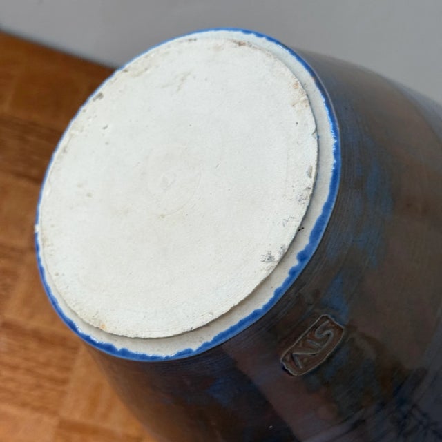 Vintage Hand Thrown Pottery Vase With Glazed Design in Blue and Mauve, Signed For Sale In Los Angeles - Image 6 of 7