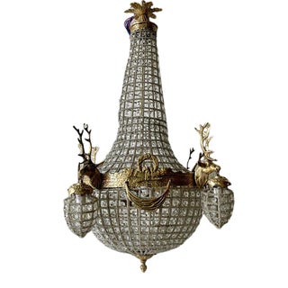 1960s French Deer Head Stag Brass Chandelier For Sale
