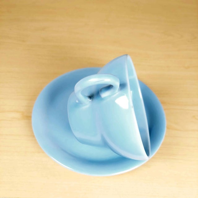 Vintage 1930s Mid Century Modern Pacific Pottery Arcadia Delph Blue Cup & Saucer Set, California Usa- 2 Pieces For Sale In Seattle - Image 6 of 10