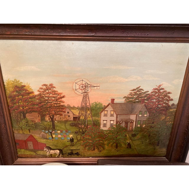 American School, 19th Century Farm Scene W/Halladay Standard Windmill Oil on Canvas Circa 1870 Windmill Inscribed Halladay Standard / Batavia,ILLS For Sale - Image 10 of 10