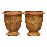 Pair of French Handmade Glazed Terracotta Planters by La Madeleine in Anduze For Sale