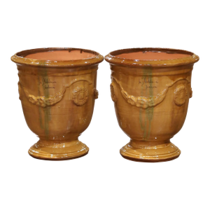 Pair of French Handmade Glazed Terracotta Planters by La Madeleine in Anduze